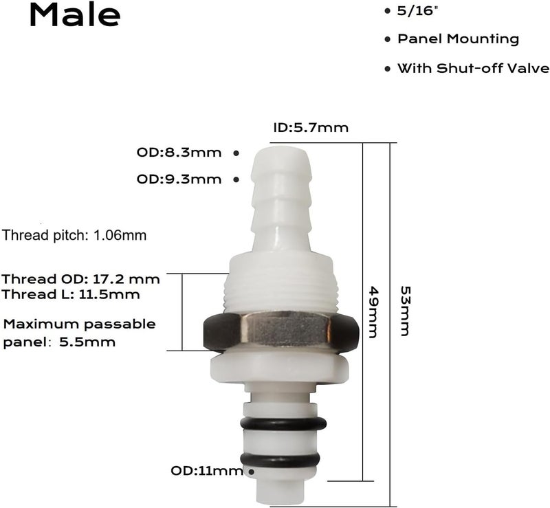 BBTUS 2PCS 1/4" 3/8" 5/16" Plastic Tube in-line Hose Quick Connector with Shut-Off valve, Panel Mounting Quick Release Coupling, Male Quick Connect Barbed Fittings (2x Male Connector) - Image 2